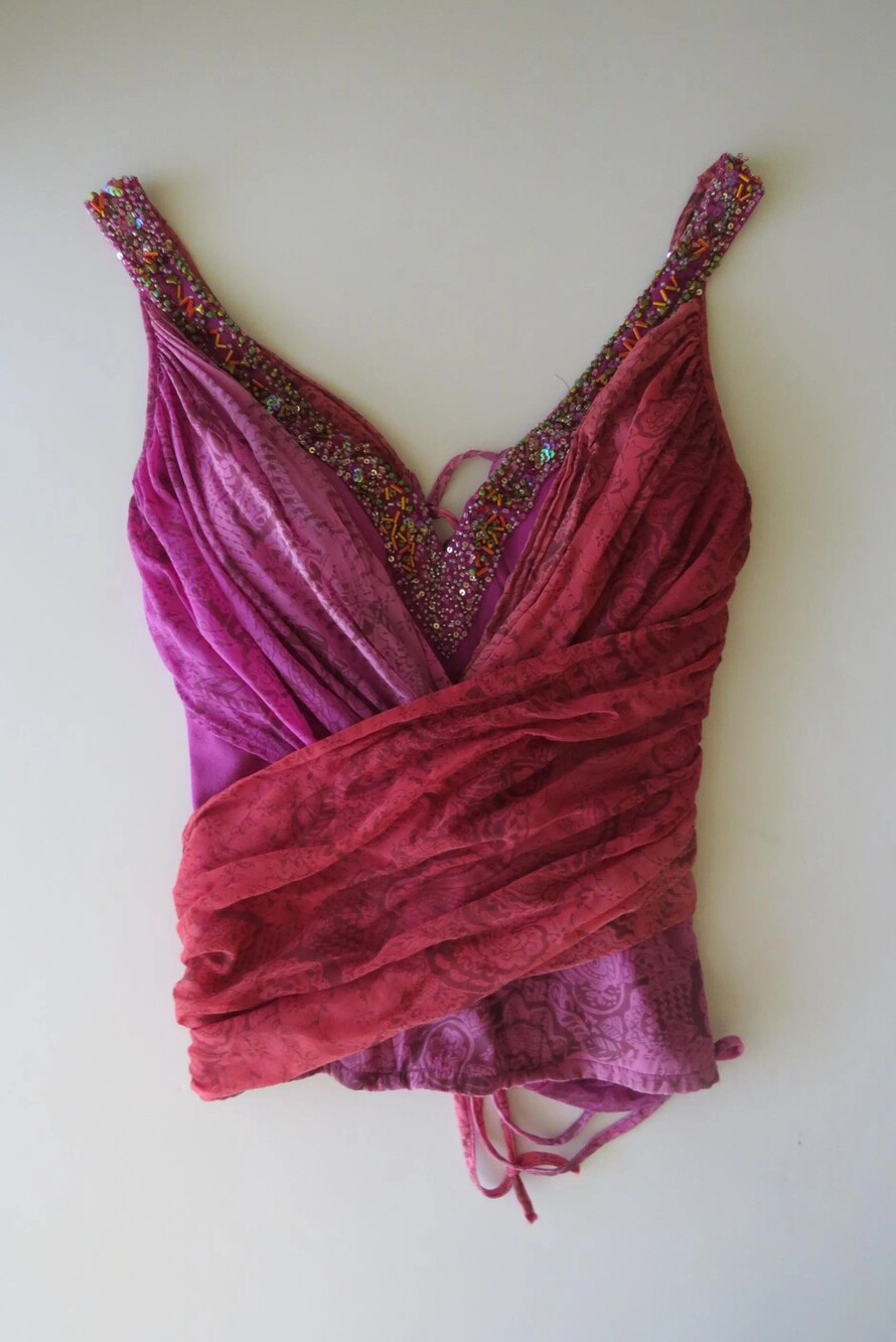 Vintage 2000s Silk Corset, Beaded & Sequined Draped Pink Magenta Paisley Chiffon